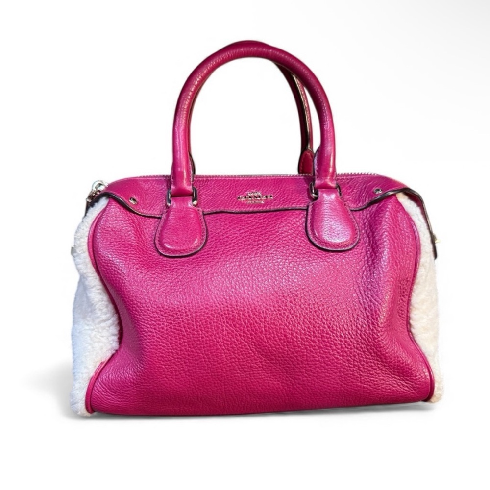 Coach Fuchsia Pink Leather Satchel with Cream Shearling Trim